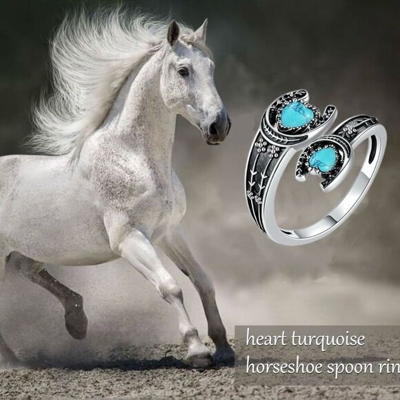 Western Horseshoe Turquoise Heart Spoon Good Luck Ring Sterling Silver - Picture 6 of 6